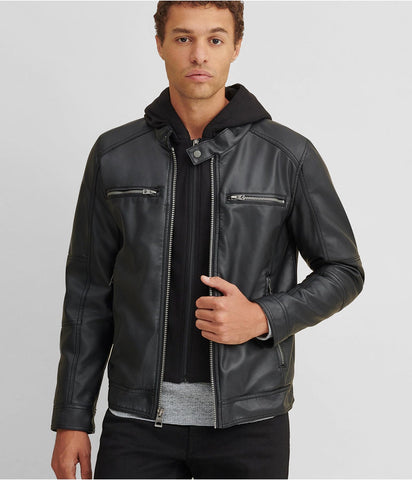 Men's Black Leather Jacket with Black Hood and Black Pants