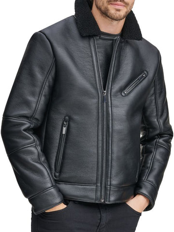 Men's Shearling Sheepskin Leather Jacket In Black