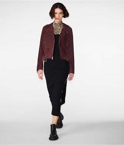 Maroon Leather Jacket with a Black Dress & Leopard Print Scarf