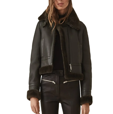 Women's Aviator Shearling Leather Jacket with Black Shirt and Leather Pants