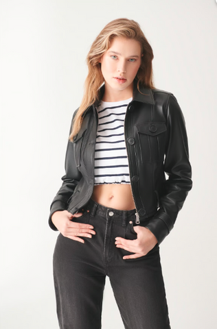 Women’s Harrington Leather Jacket With Black Linen Shirt and Black Jeans