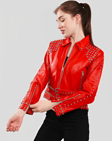 Women's Red Studded Leather Jacket with Black Pant