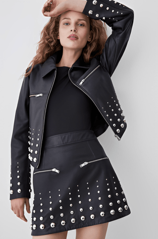 Women's Studded Café Racer Leather Jacket with Black Shirt and Black Skirt