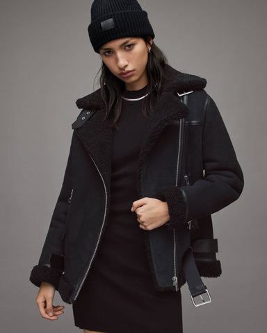Women's Suede Leather Shearling Jacket with Black Short Dress