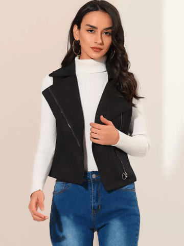 Women's Suede Leather Biker Vest In Black