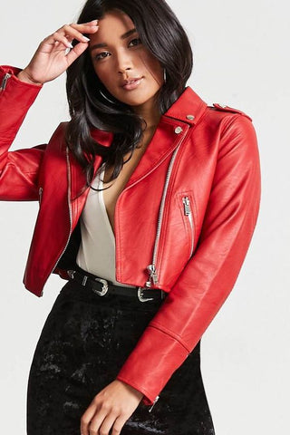 cropped red leather jacket