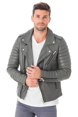 Gray Biker Leather Jacket with White Plain Shirt