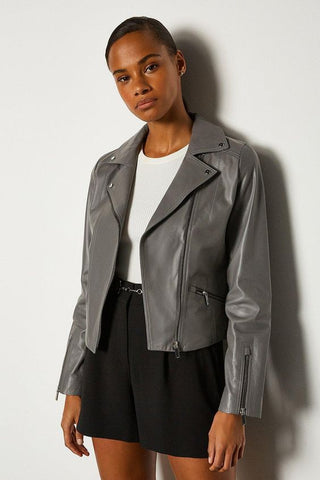 Gray Leather Jacket With Black Skirt