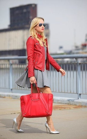 Red Leather Jacket With Handbag