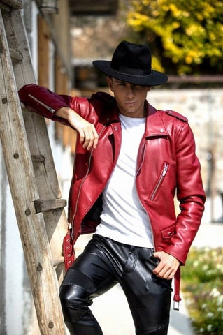 red leather jacket with white outfit