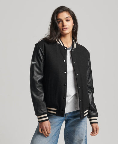 Women's Letterman Bomber Leather Jackets In Black