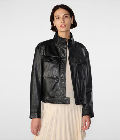 Women’s Black Harrington Leather Jacket with White Dress
