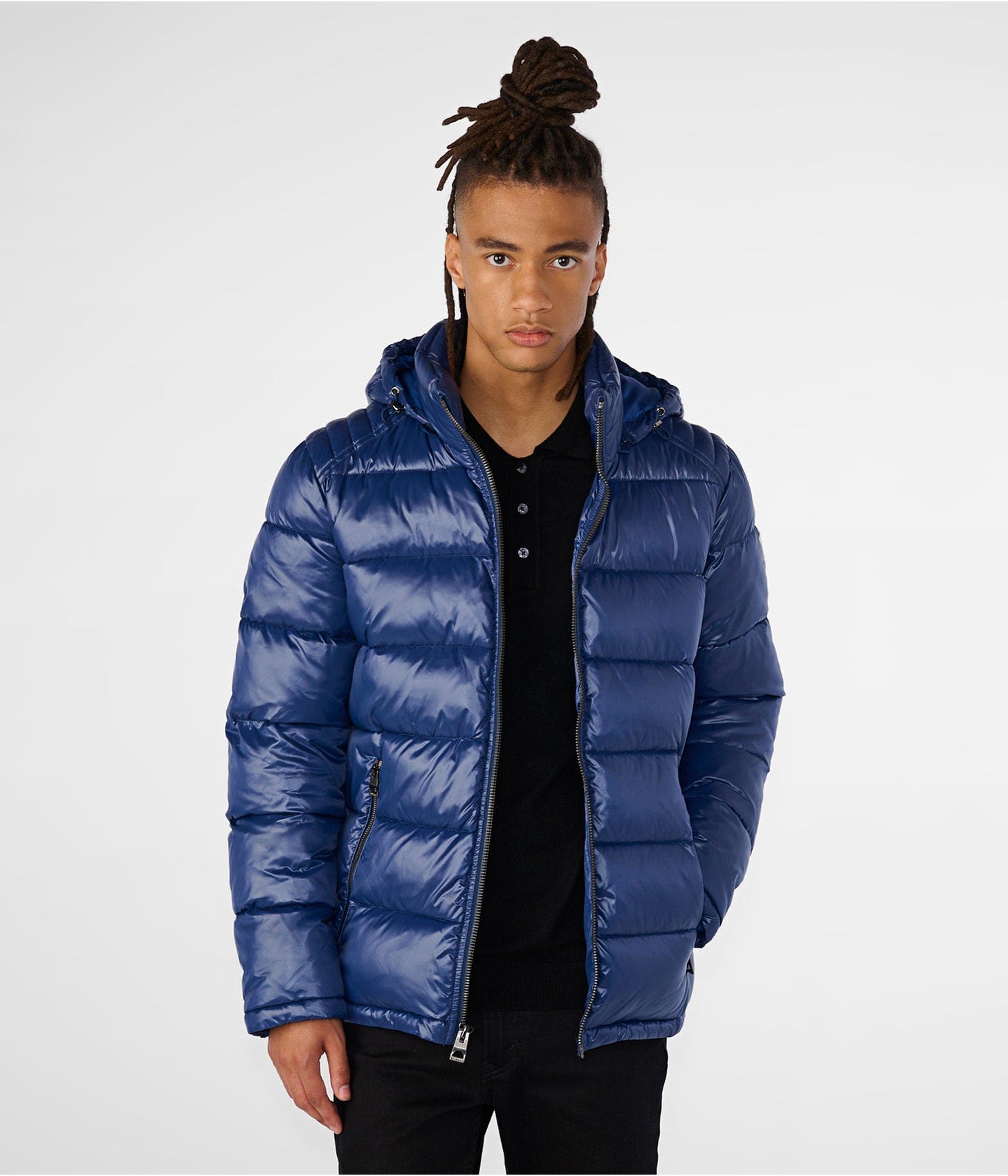 Men's Puffer Jacket In Blue With Removable Hood - Arcane Fox