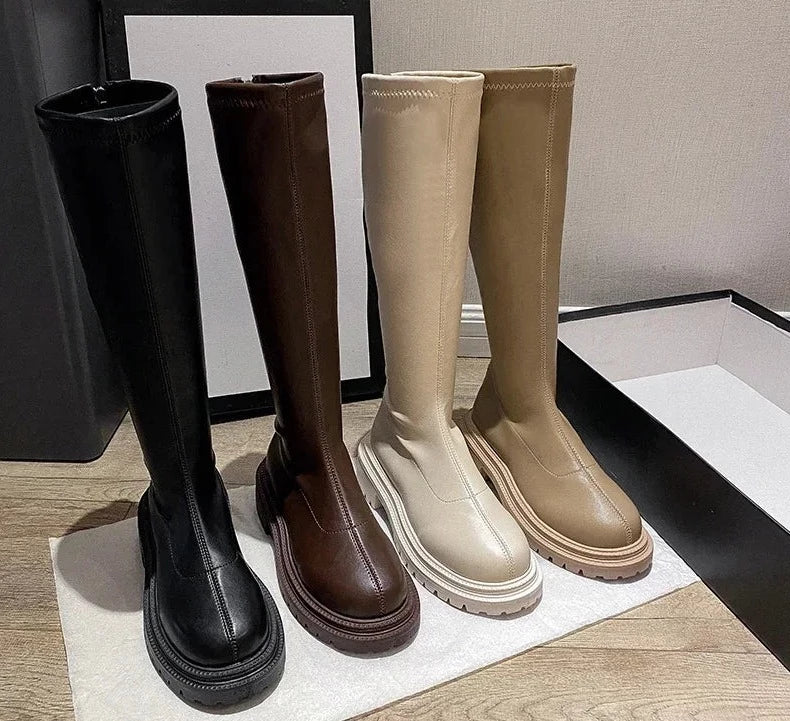 Autumn Winter Women Flats Heel Women Long Boots High Quality Soft Leather Ladies Knight Boots Casual Knee-high Boots