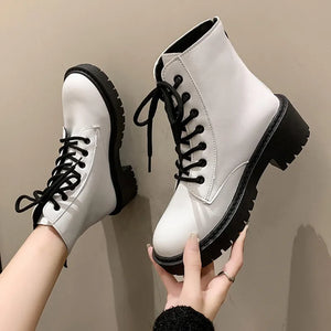 White Chunky Platform Combat Boots Women Back Zipper Pu Leather Ankle Boots Woman Punk Thick Bottom Motorcycle Botas Mujer - pphmm