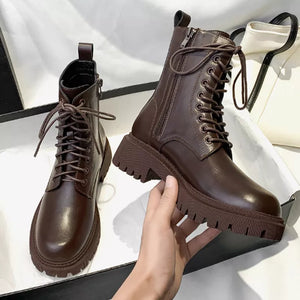 Brown Pu Leather Ankle Boots for Women Autumn Winter Short Plush Motorcycle Boots Woman Vintage Lace Up Botas Shoes - pphmm