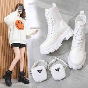 Fashion White Punk Ankle Platform Motorcycle Boots Women Lace Up Chunky Heel Belt Buckle Pocket Designer Shoes Women Boots - pphmm