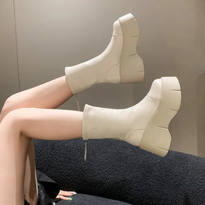 Women Boots High Heels Winter Footwear Shoes Round Toe Boots-Women Clogs Platform Zipper Stiletto Mid-Calf Mid Calf Autumn - pphmm