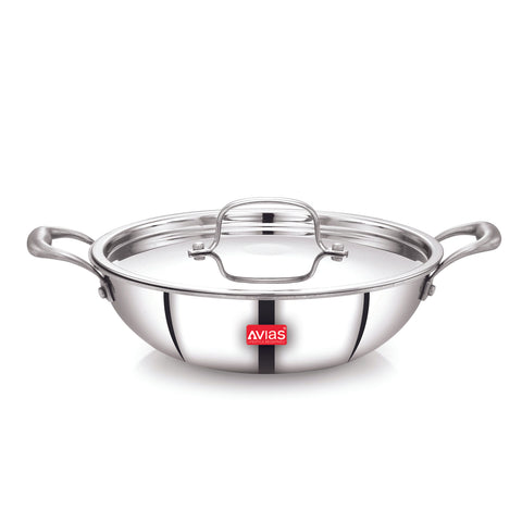 Avias Riara Premium Stainless Steel Triply Kadai With Steel Lid