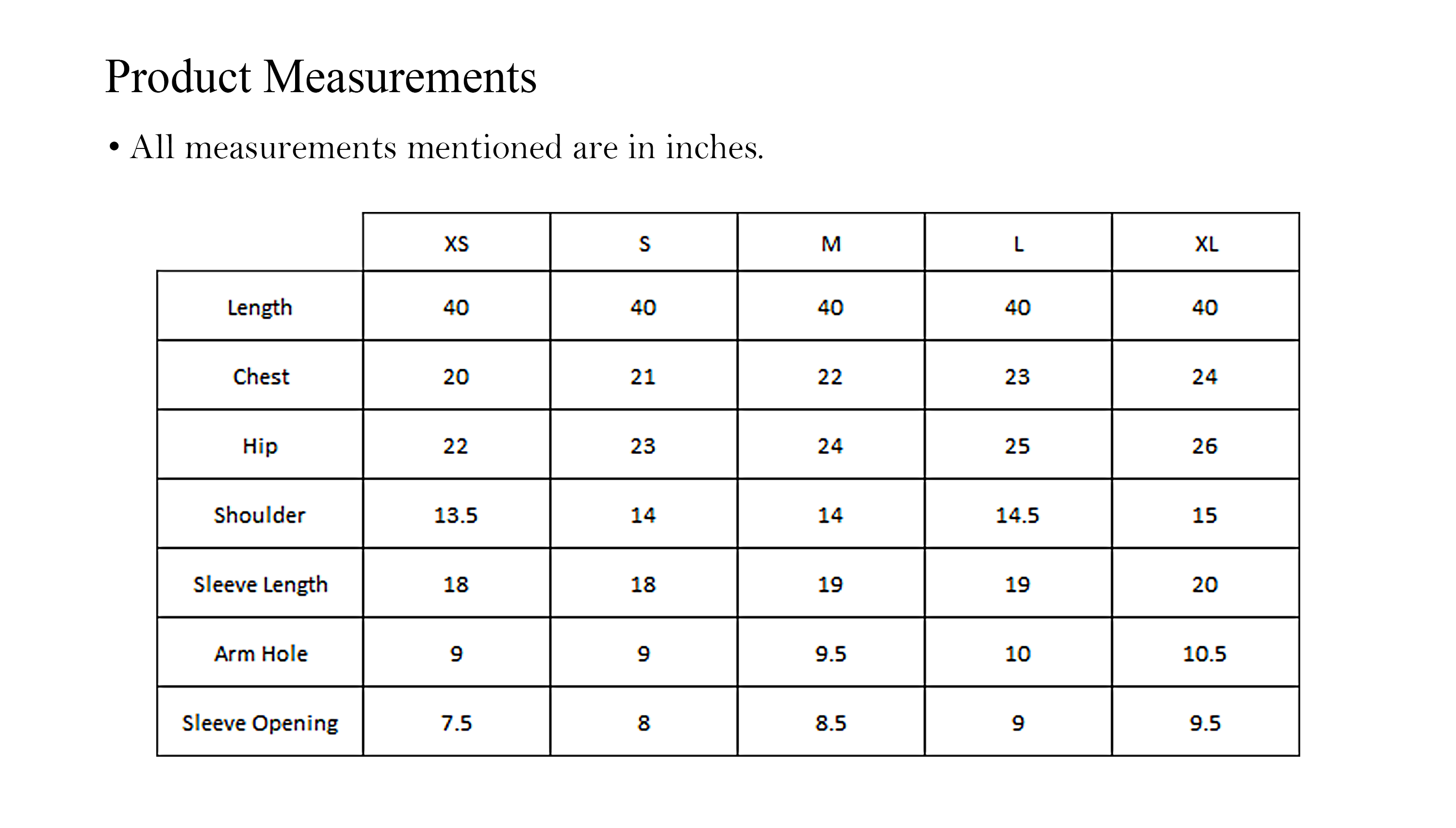 Kurta size chart