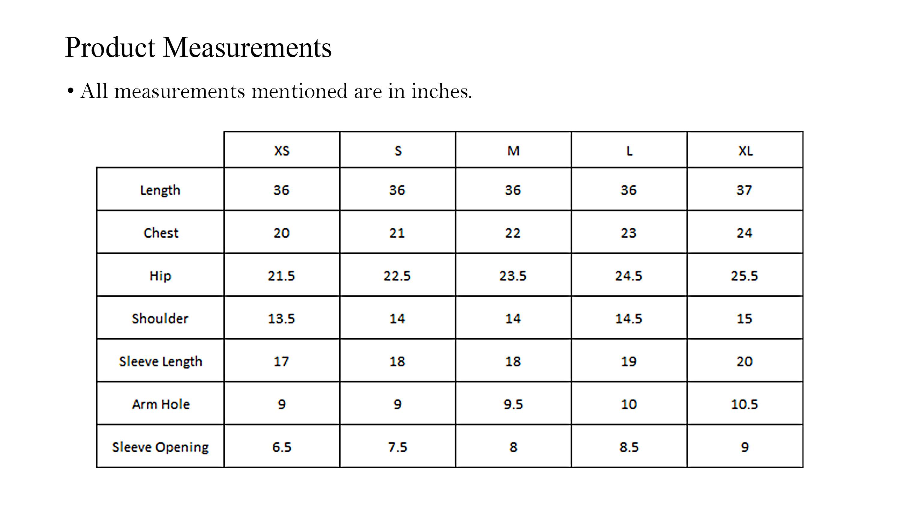 Kurta size chart