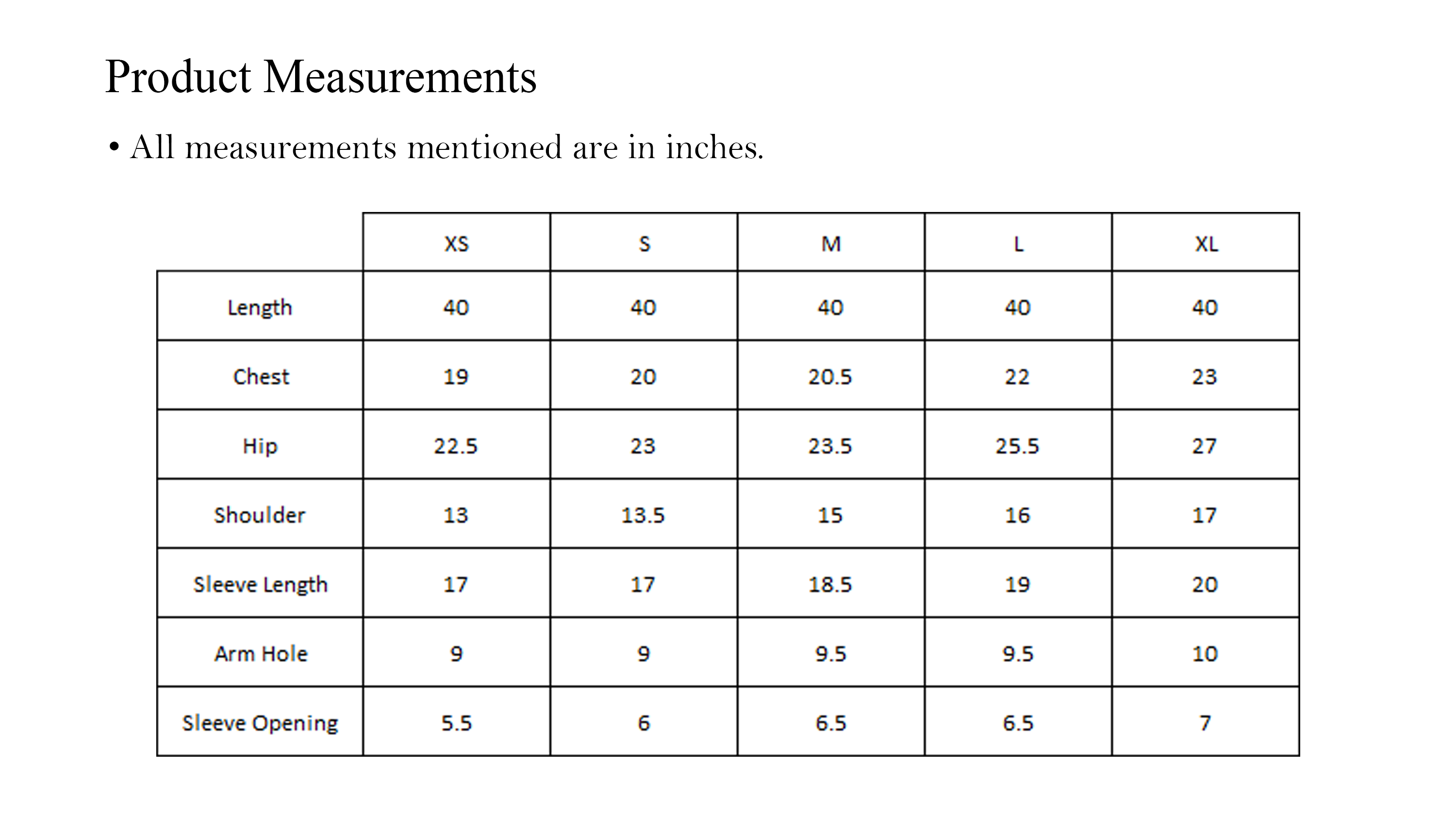 Kurta size chart