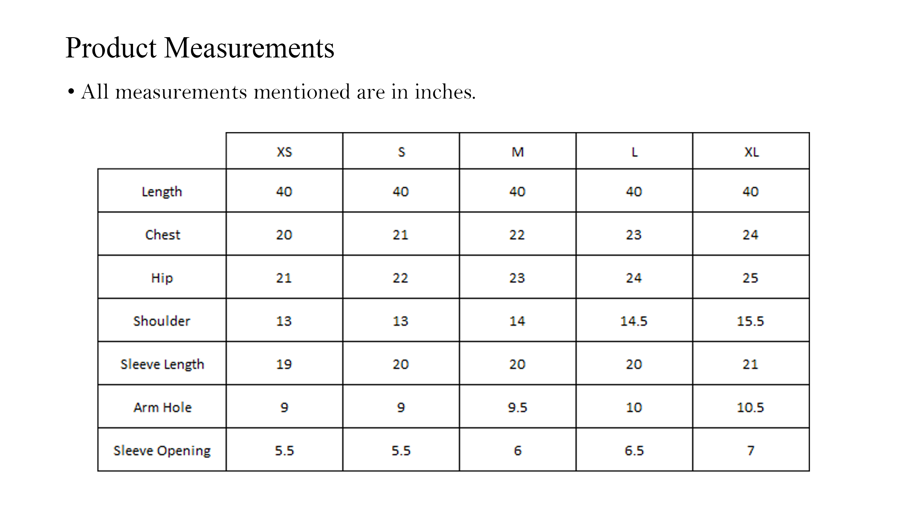 kurta size chart