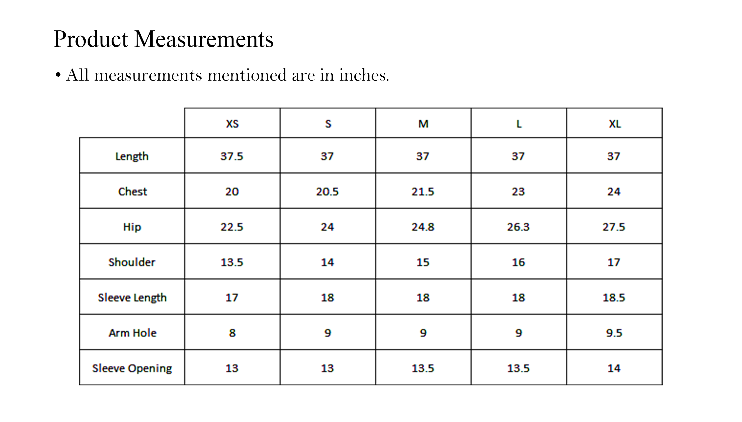 Kurta size chart