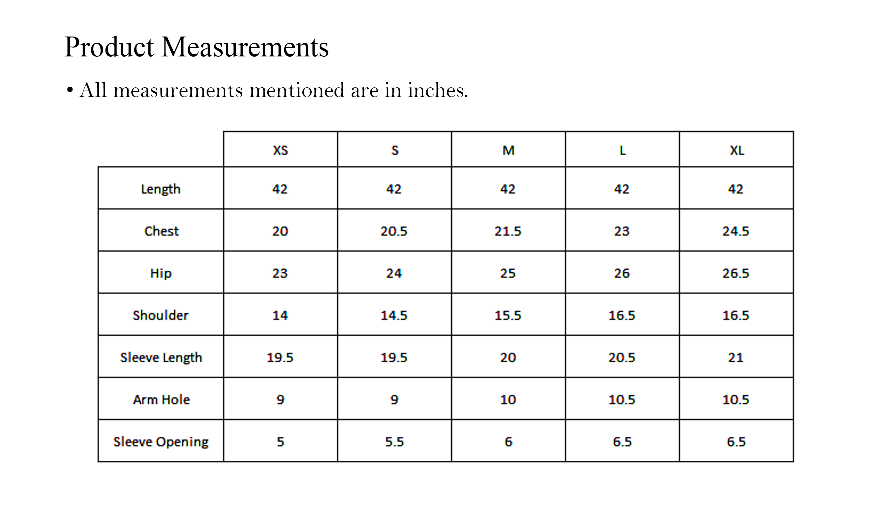 Kurta size chart