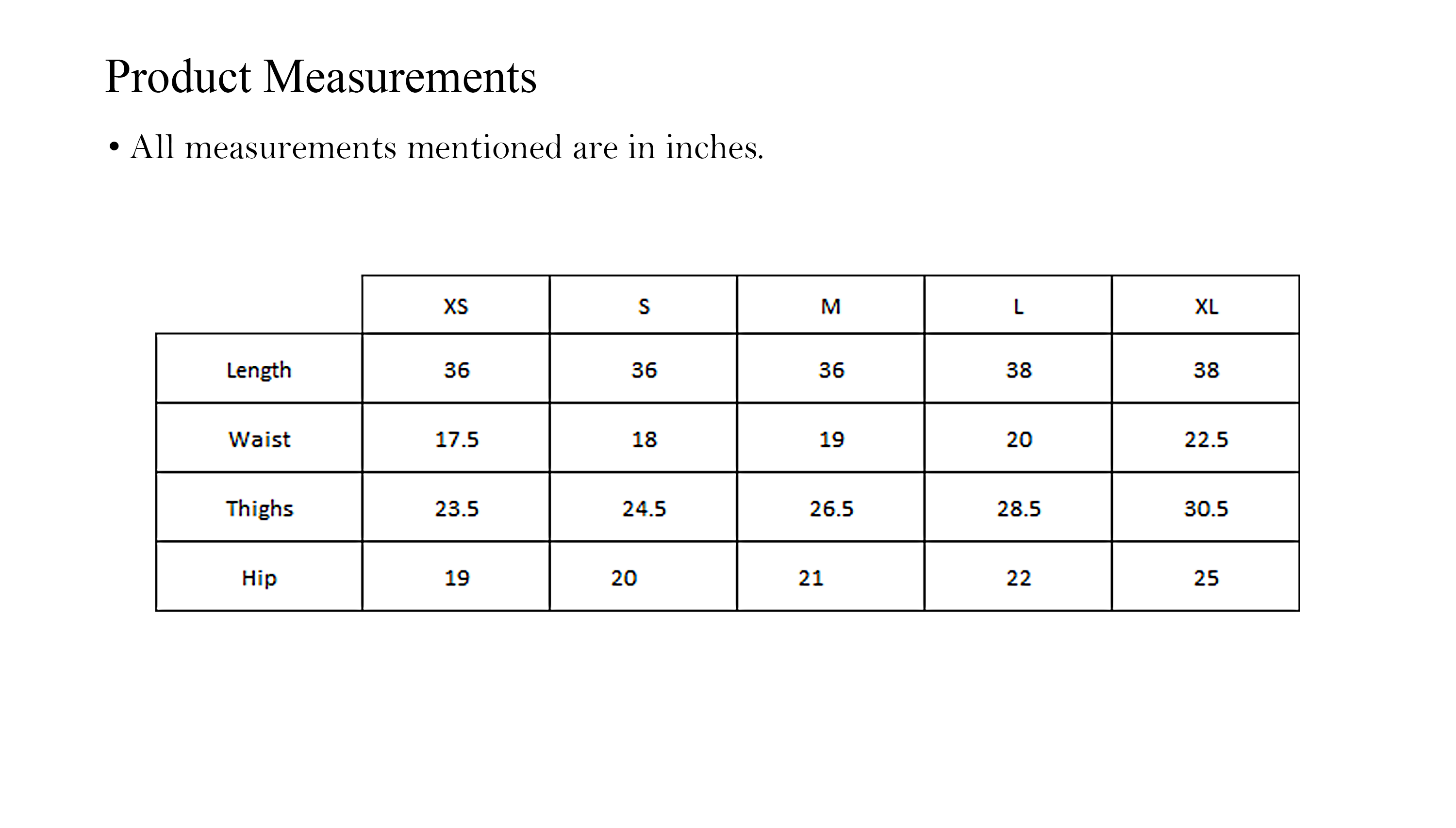 Pants size chart