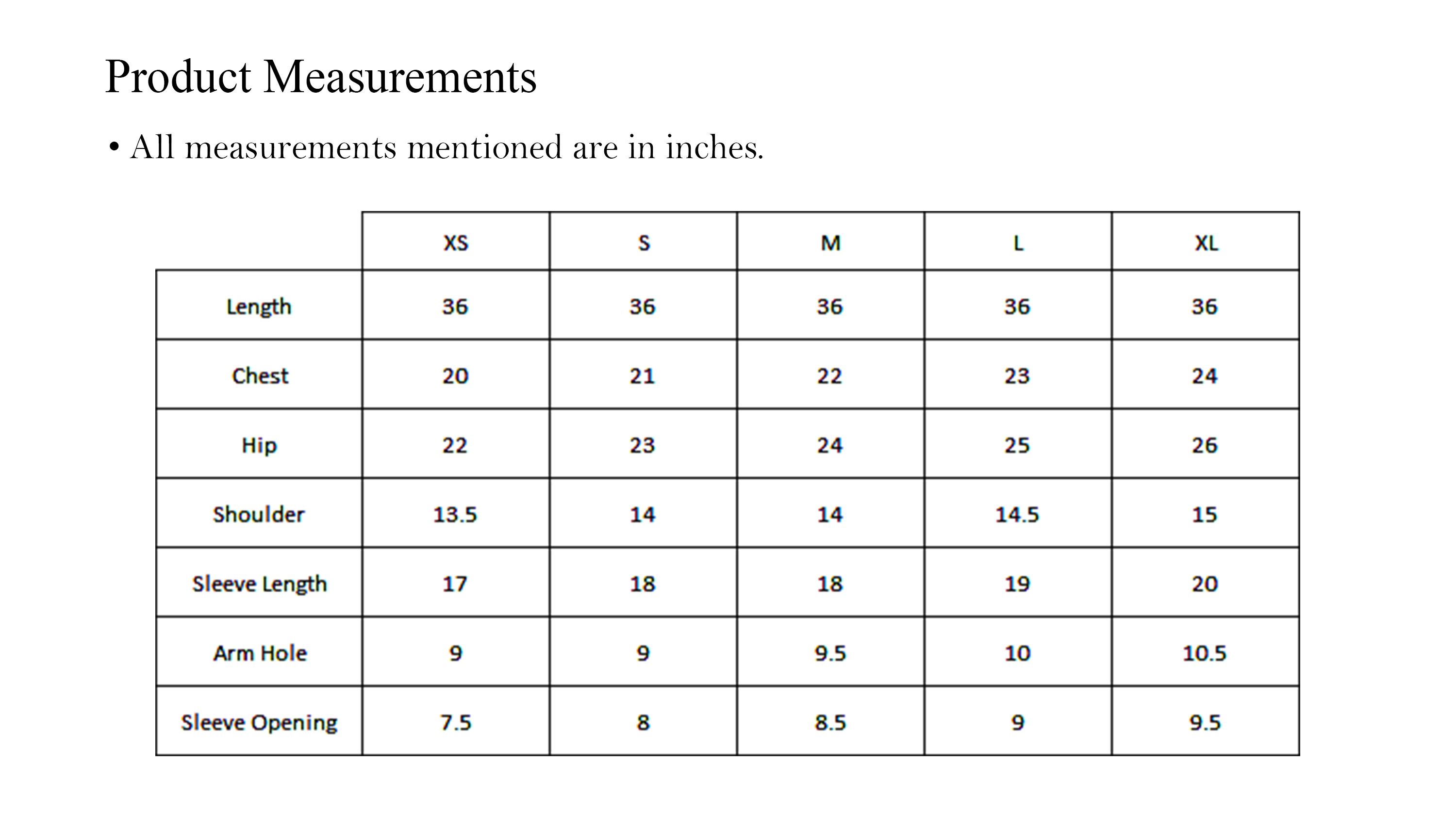 Kurta size chart