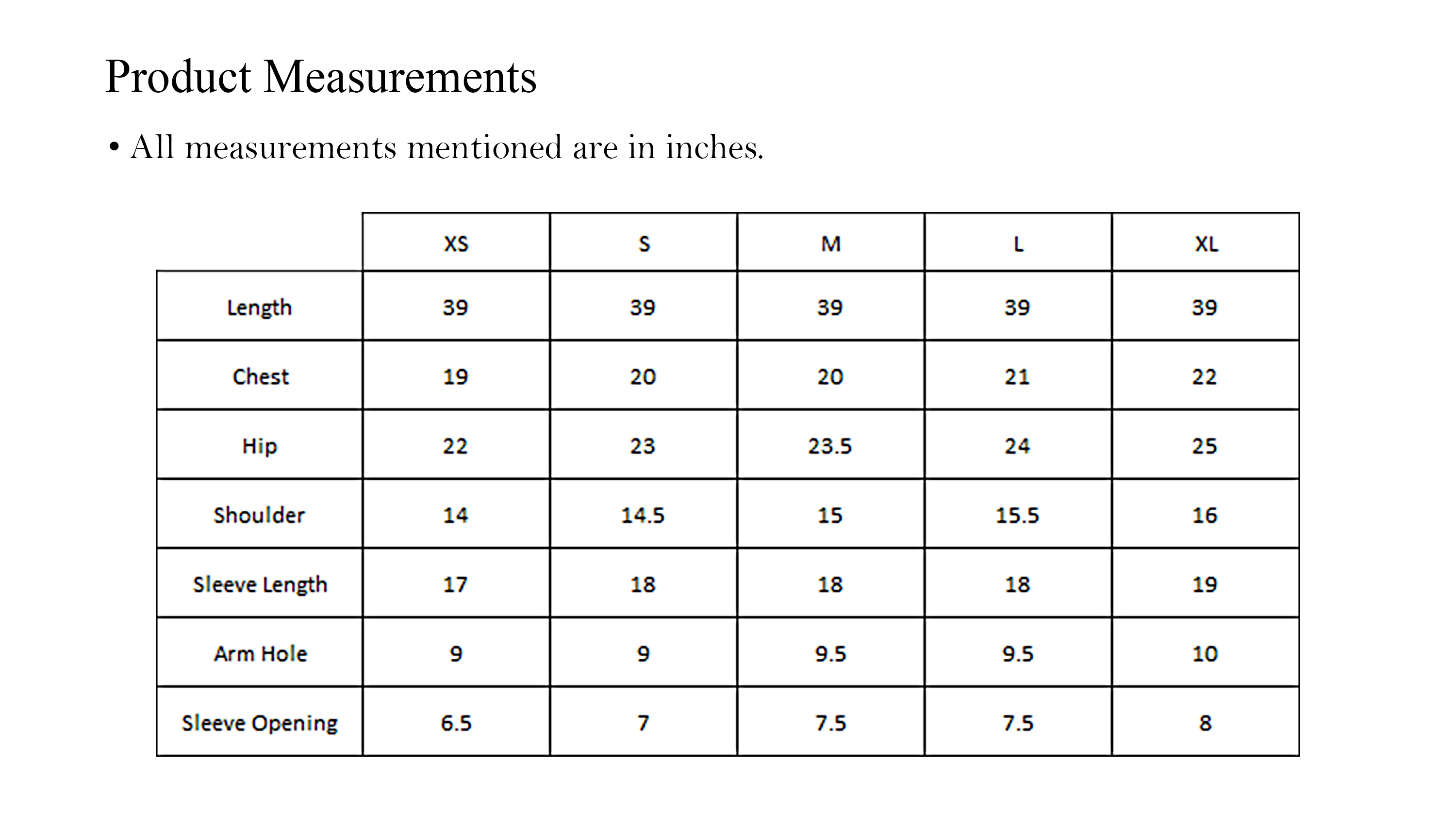 Kurta size chart