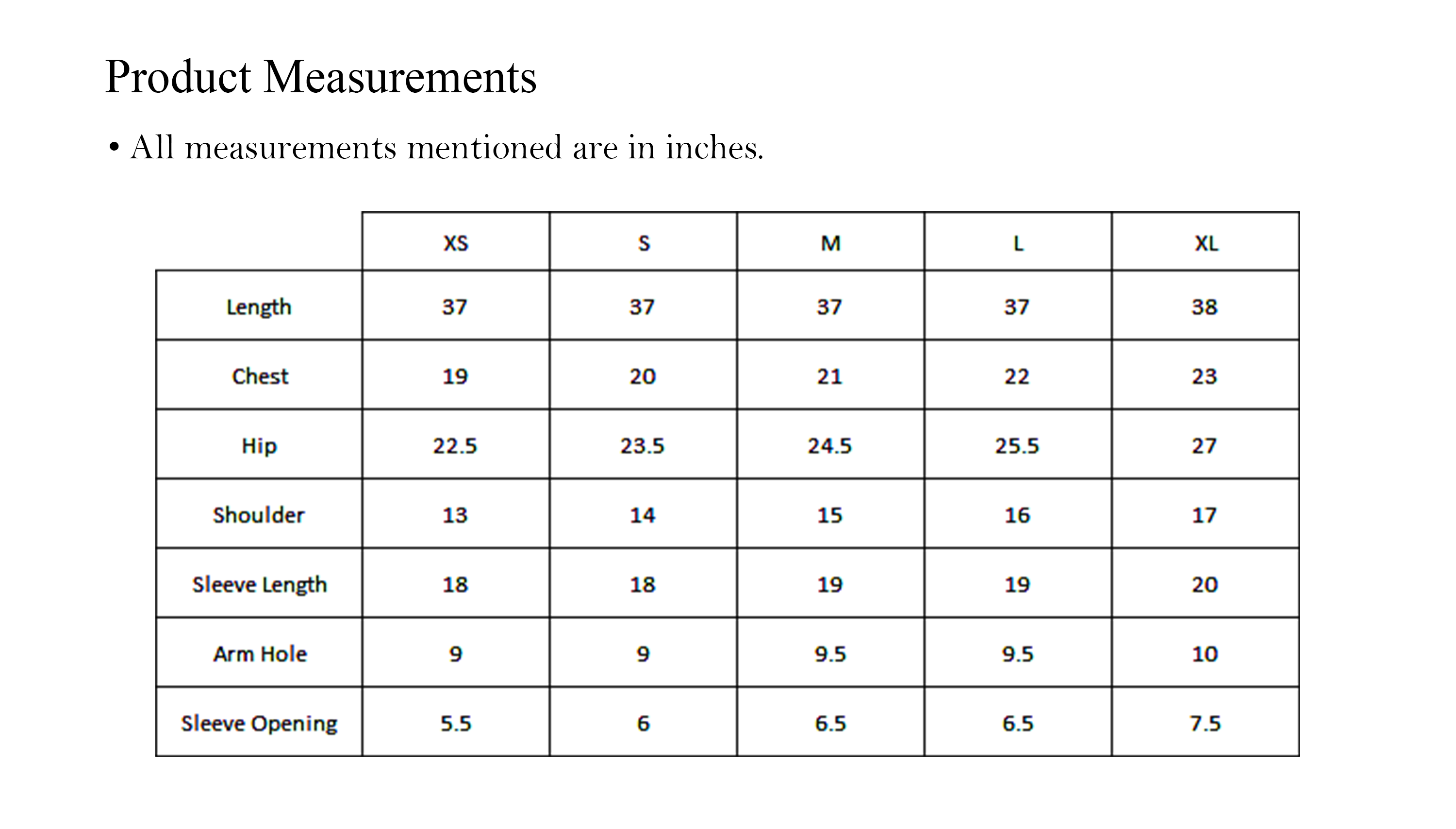 Kuta size chart