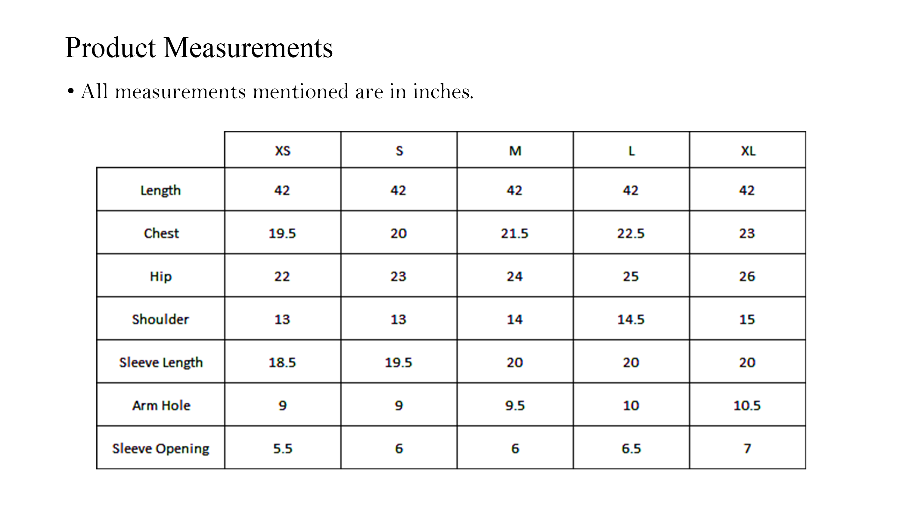 Kurta size chart