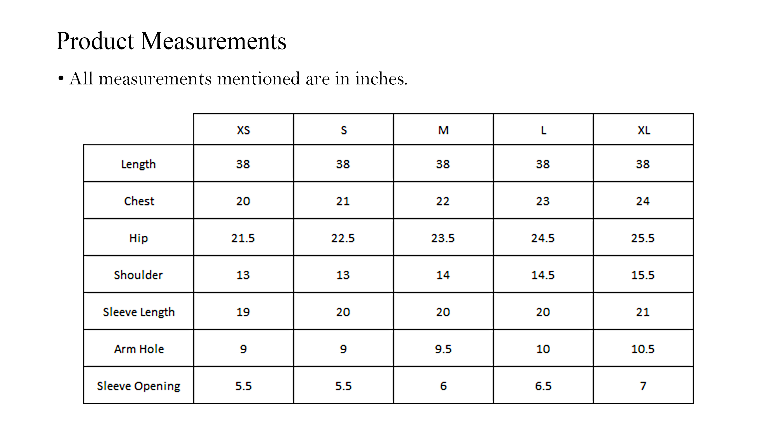 Kurta size chart