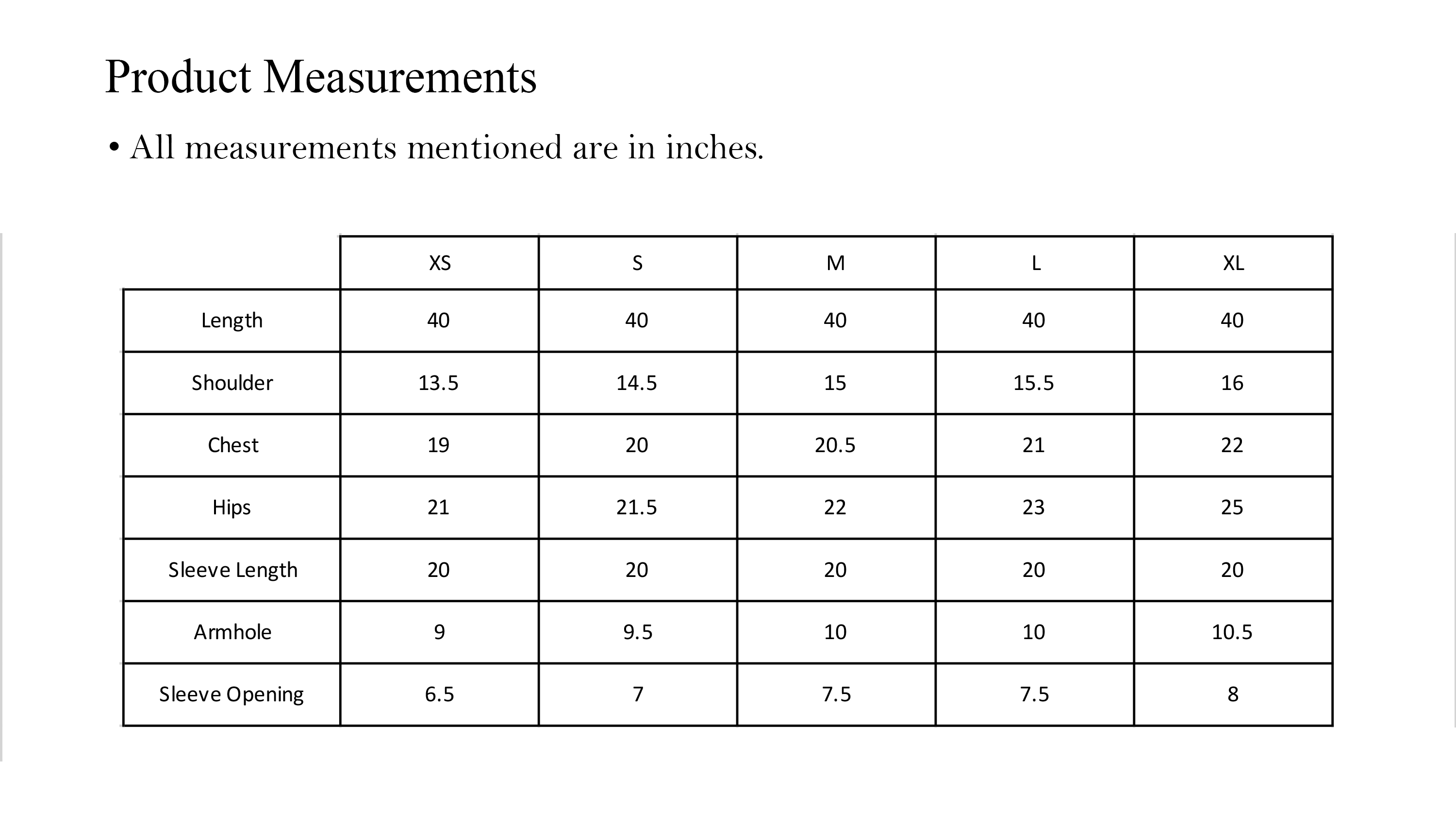 Size chart