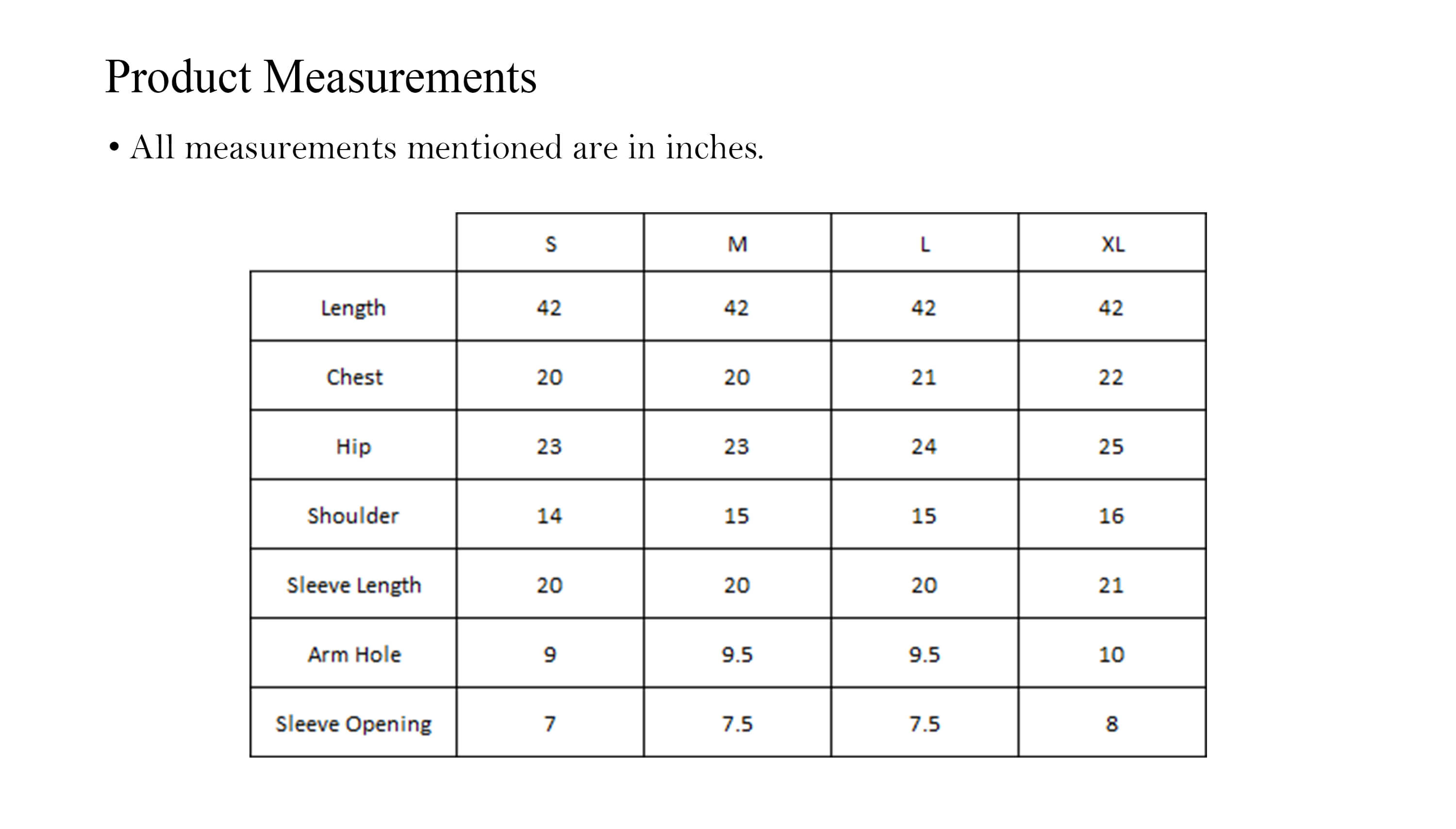 Size chart