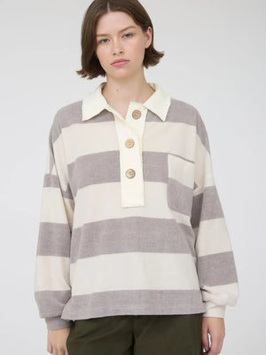 Washed Stripe Contrast Collar Long Sleeve Knit Top - Taupe - River + Skye