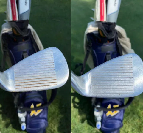 Before and after using the caddy splash golf brush