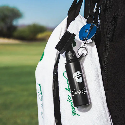 Caddy Splash Golf Club Cleaning Brush Attached to golf bag with retractable clip extended
