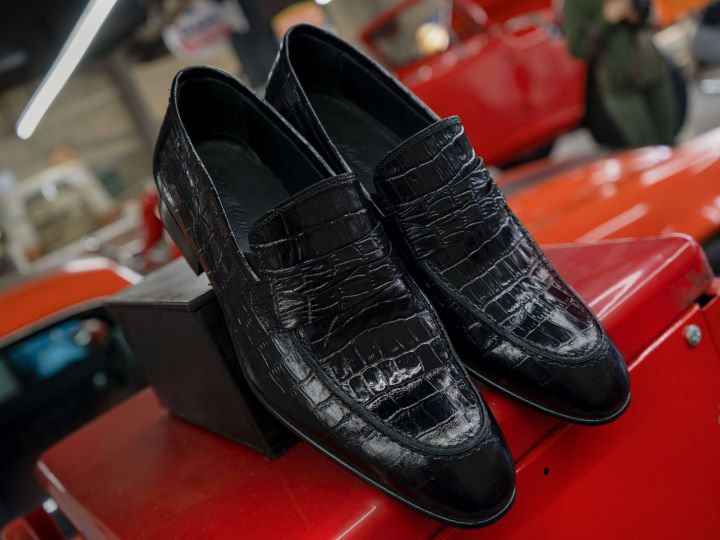 Crocodile Pattern, Embossed Mens Leather Penny Loafer Shoes by Debbano