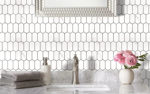 Long Hexagon PVC Mixed Metal Mosaic Tiles - Statuary Marble Look