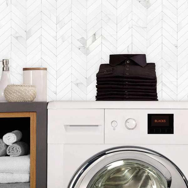 Using Statuario White Marble Herringbone Wall Tiles In Your Laundry Room Is An Excellent Way To Keep The Space Fashionable And On-Trend