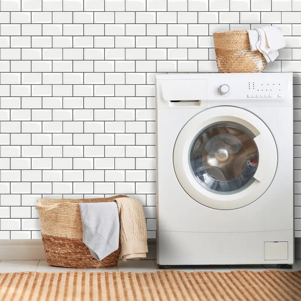 Using Warm White Subway Tiles Is An Excellent And Affordable Choice For A Laundry Room.