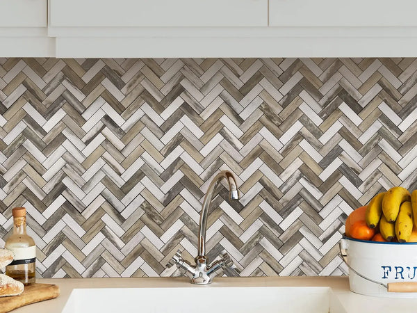 FunStick Herringbone Peel and Stick Backsplash for Kitchen Wood