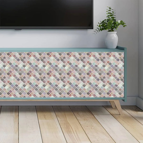 pink arabesque-peel-and-stick-backsplash for living room