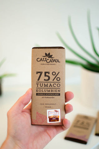 Preisgekrönte bean to bar Schokolade von CauCawa - Tumaco 75% mit Kakaonibs