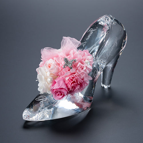 名入れ彫刻 シンデレラの靴 クリスタルガラス プリンセスアレンジ プリザーブドフラワー（全2色）