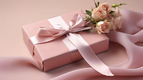 バラの花を添えたプレゼントの箱