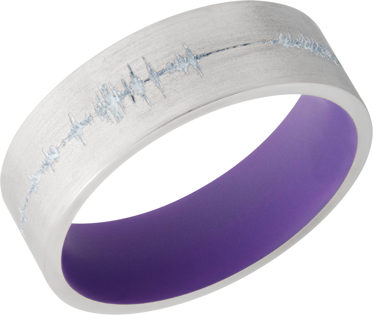 Cobalt chrome 7mm flat band with a laser-carved personalized soundwave and a Bright Purple Cerakote Sleeve